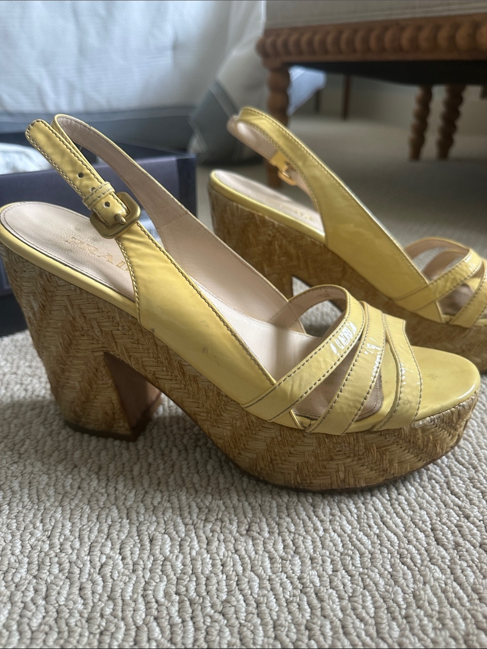 Prada Yellow Patent Leather Platform Slingback Sandals